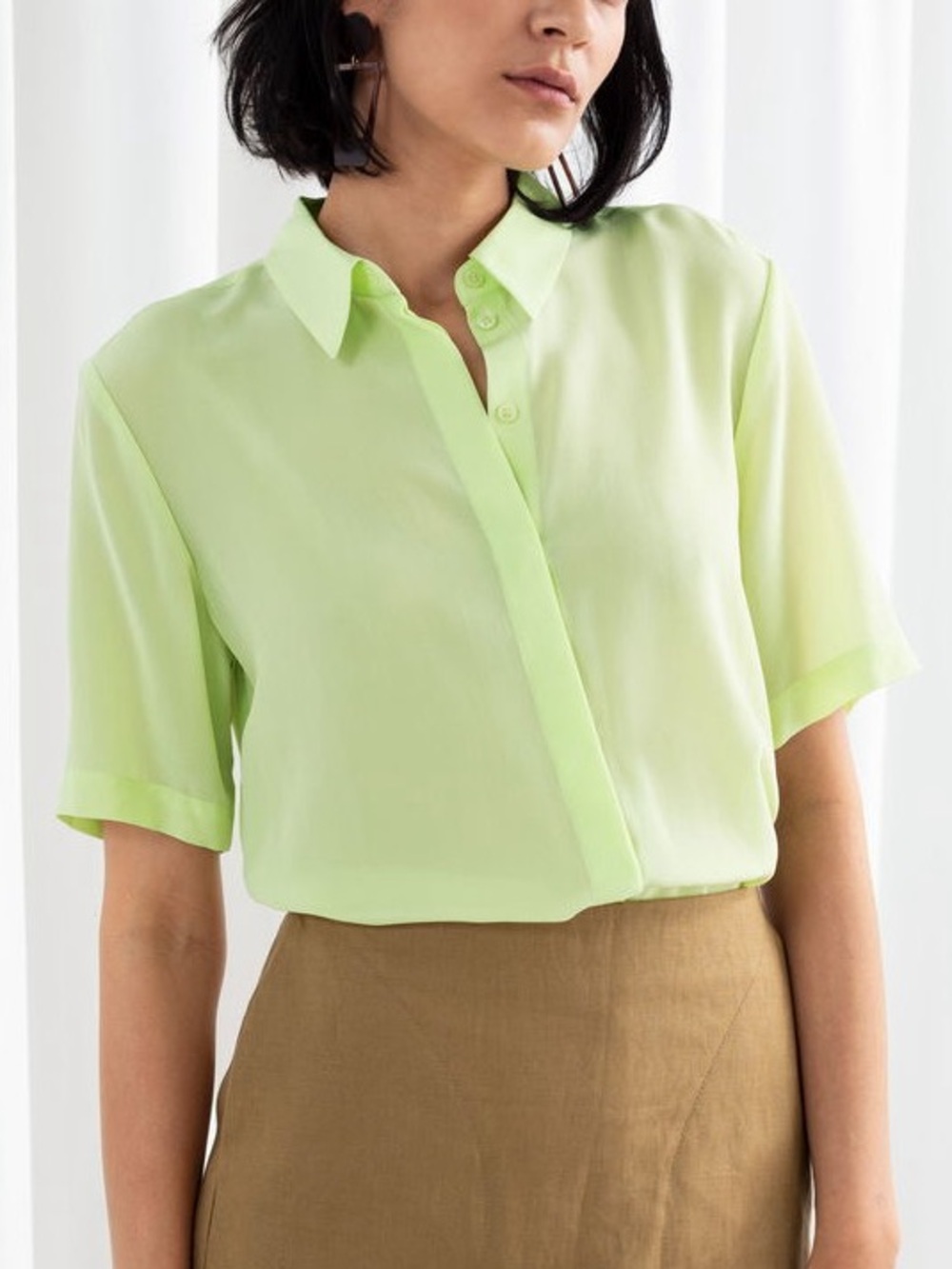 & Other Stories Silk Lime Green Yellow Short-Sleeve Button-Down Blouse Top